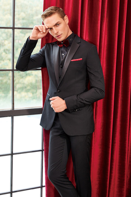 Black Birds Eye Tuxedo Suit for Men – Custom Italian Wool Wedding Tuxedo