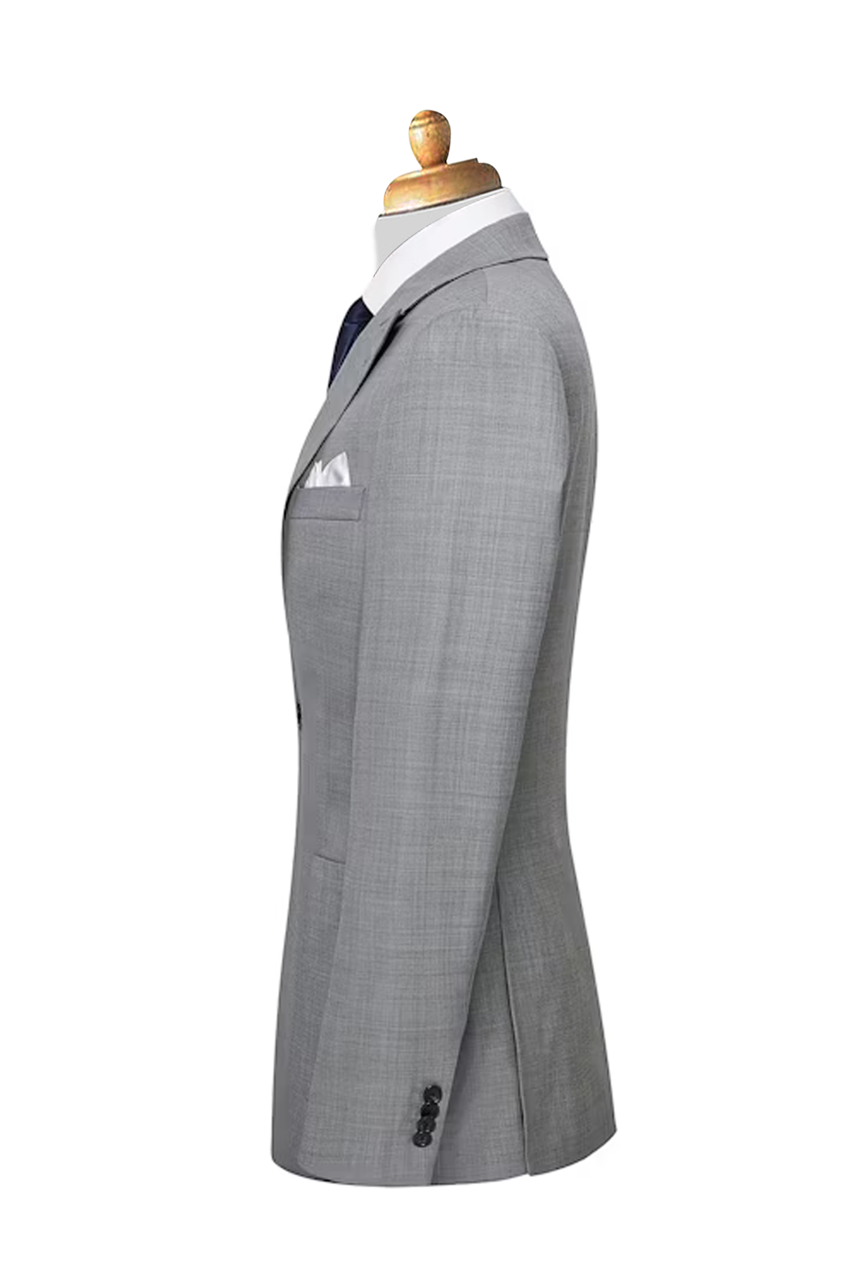 Light grey custom tailored men's suit side view with modern fit and detailing