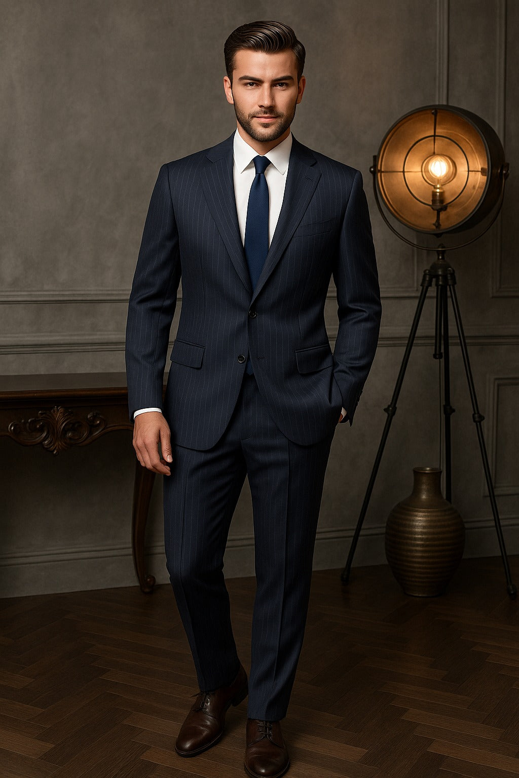 Navy Pinstripe Suit – Custom Tailored Italian Wool Suit for Men
